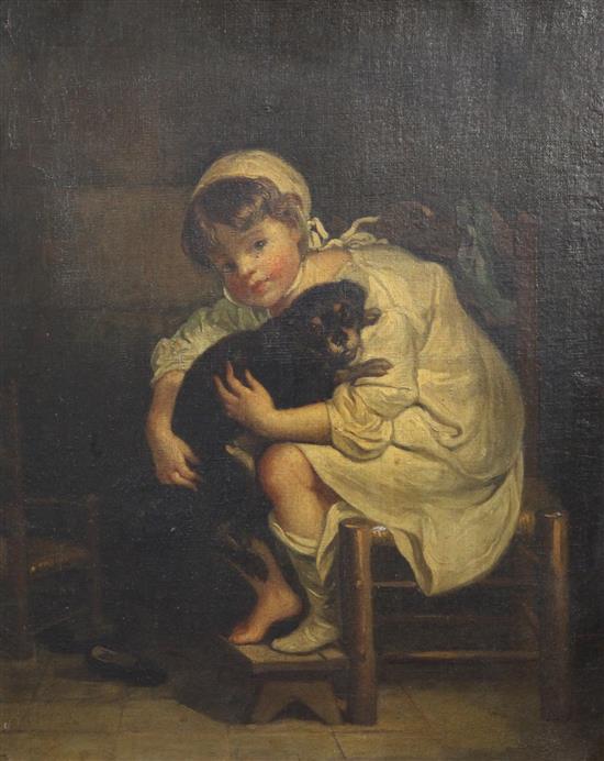 Victorian School Interior with child holding a terrier, 18 x 15in.